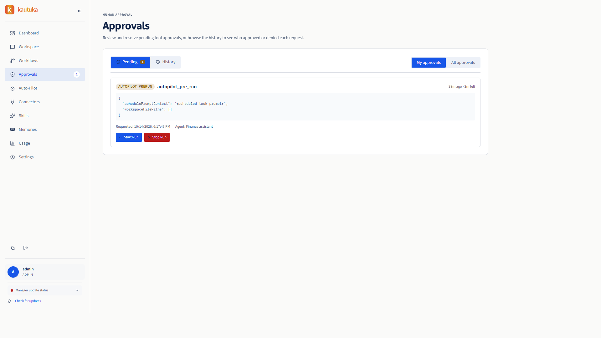 Kautuka approval request showing a proposed tool action and the decision controls