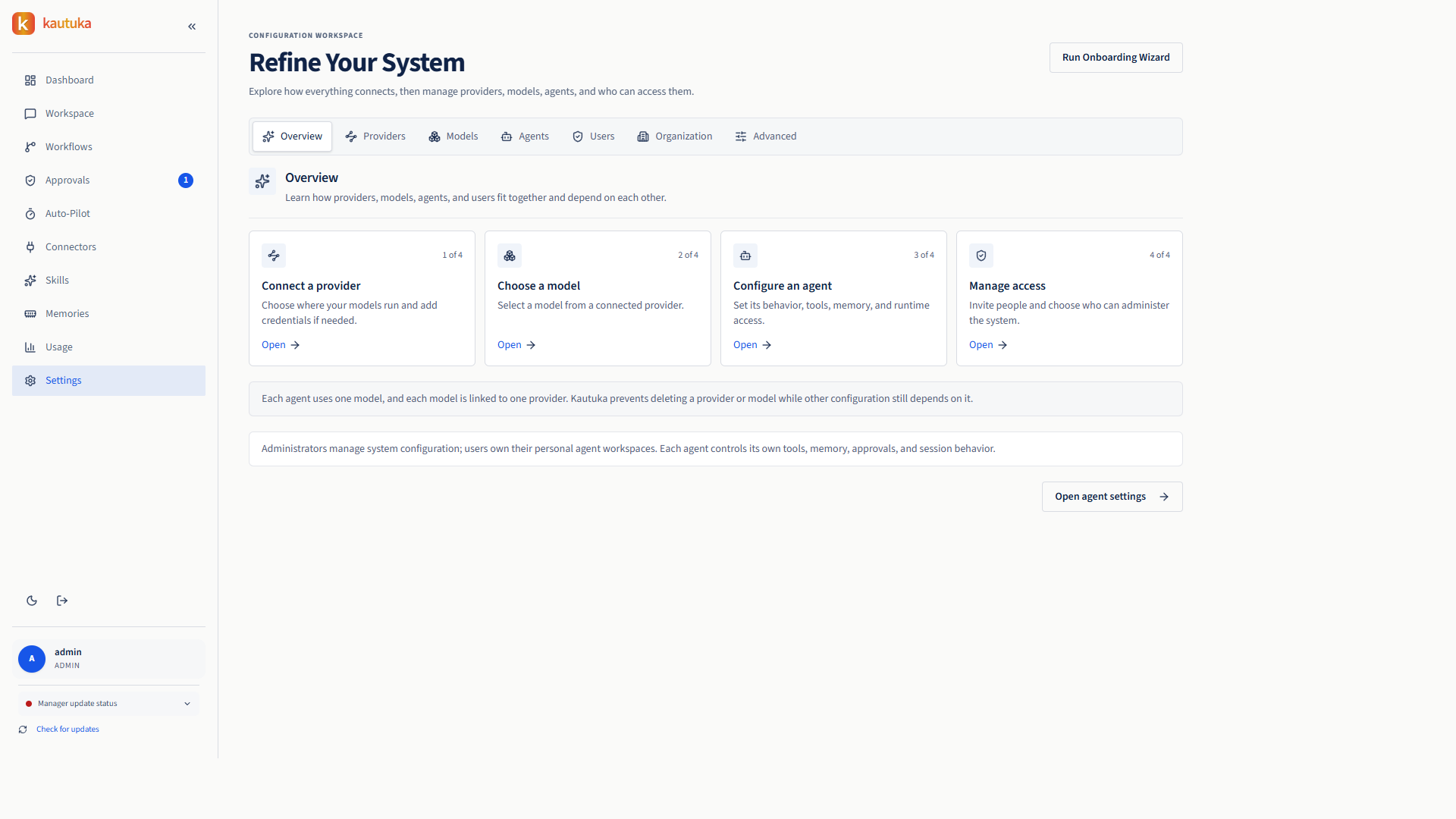 Kautuka setup overview with provider, model, agent, and access configuration