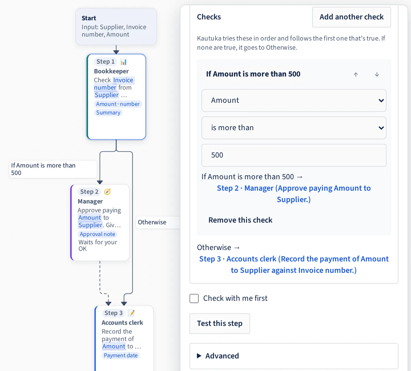 Screenshot of a step’s check settings beside the canvas: if Amount is more than 500, go to Step 2, the Manager; otherwise go to Step 3, the Accounts clerk. Below are “Check with me first” and “Test this step”.